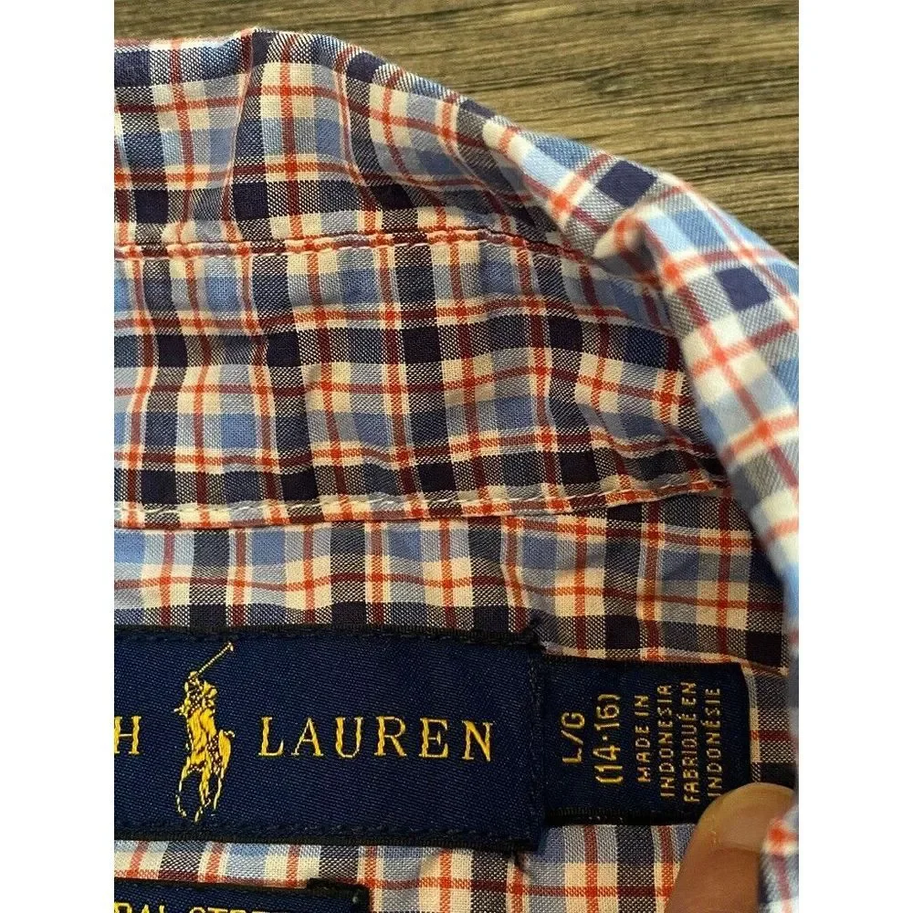 EUC Kids Boy Ralph Lauren long sleeve plaid button up natural stretch SZ L 14 16